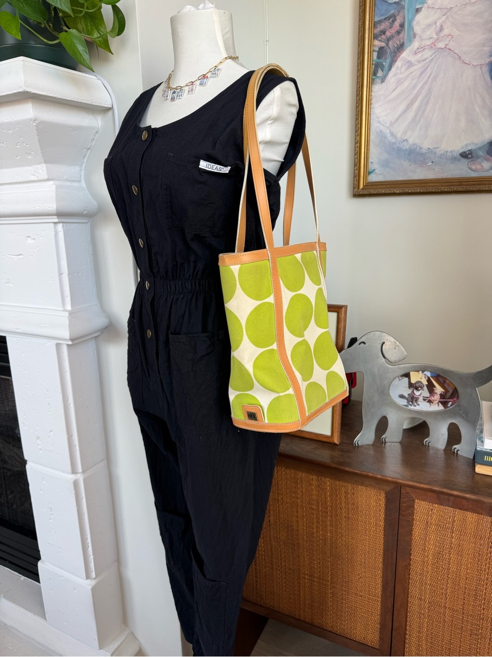 Green Polka Dot Canvas Tote with Tan Trim